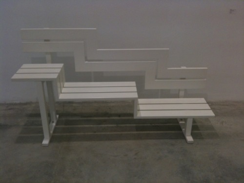 This seat by Jeppe Hein, was exhibited in the entrance area and we liked the white on white effect of the bench set against a white wall.  Entitled  &#8217;Modified Social Bench U&#8217;, it is made of powder-coated galvanised steel and is number 3 out of 5 editions (+2 PA). The  &#8217;park bench&#8217; is white and is sectioned into three levels thus changing its nature entirely and adding a quirky and challenging dimension.