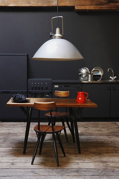 Source: My Scandinavian Home
Love the oversized Factory style light! and against the dark walls, swoon! The light looks vintage, but for similar industrial types try here.