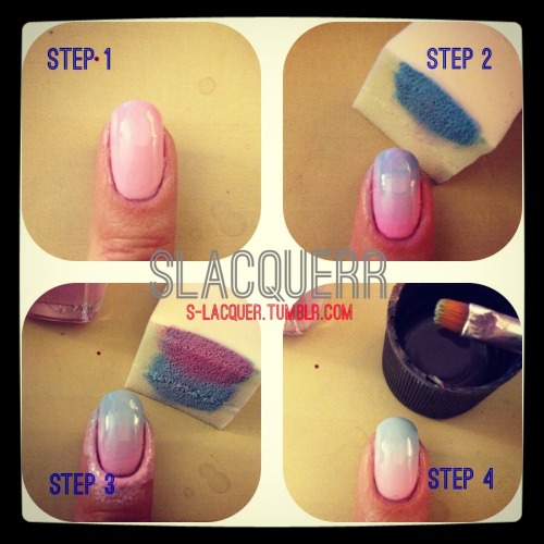 You will need: two nail polish colors, make up sponge, acetone/brush for