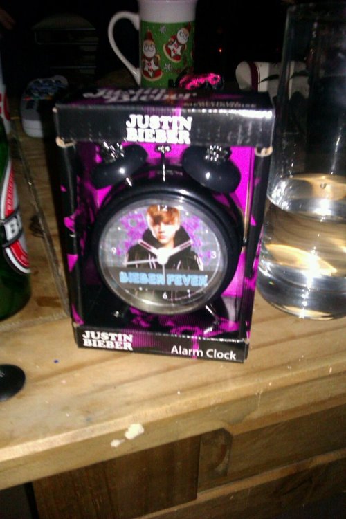 This was a secret santa present from my Boyfriends niece. I’m a 31 year old metal fan and I have no desire to be woken each morning by Justin Beiber. I managed to give it away to a friends niece. -Submitted by Kate [waking up to Bieber each morning would certainly be *puts on shades* alarming. YEEEEAAAAAAAAAAHHHHH!]