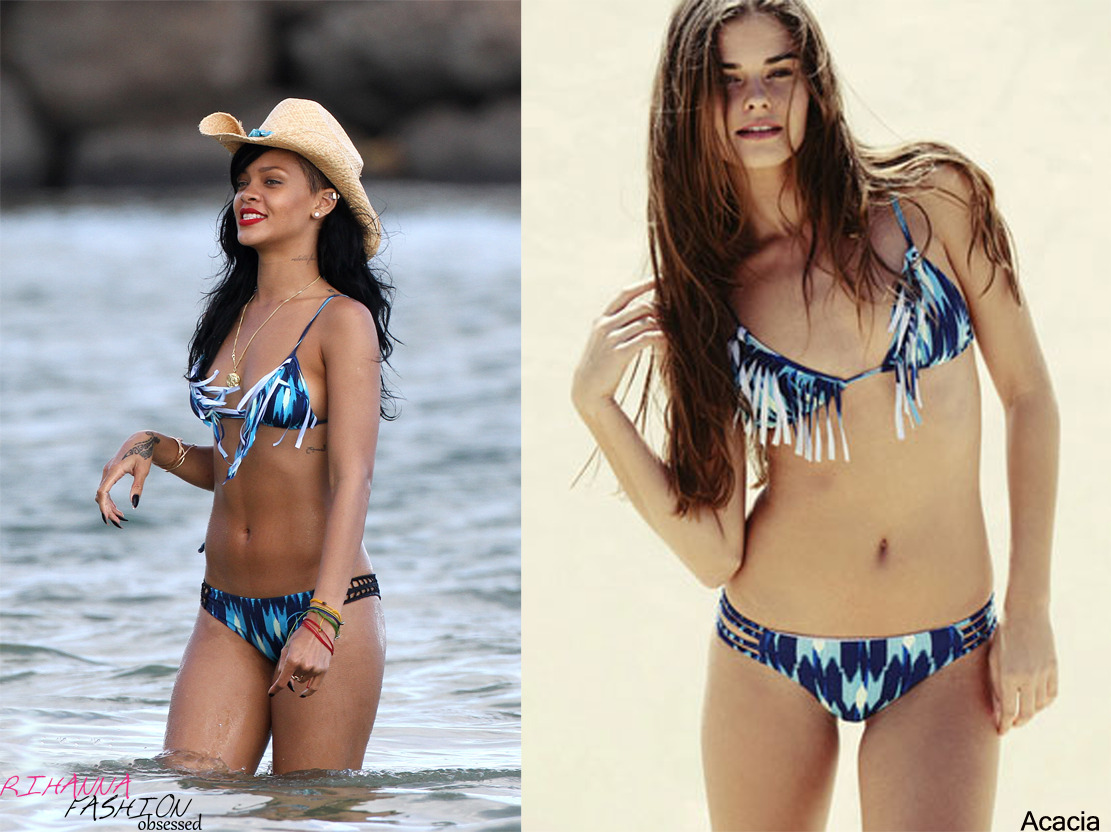 UPDATE: Rihanna spotted on the beach again in Hawaii in a blue print fringe detail bikini by Acacia from the spring/summer collection. Couldn&#8217;t find the exact bottoms she was wearing but you can get her bikini top from butterfliesandbikinis for $184.00
Bikini bottom be can be found HERE