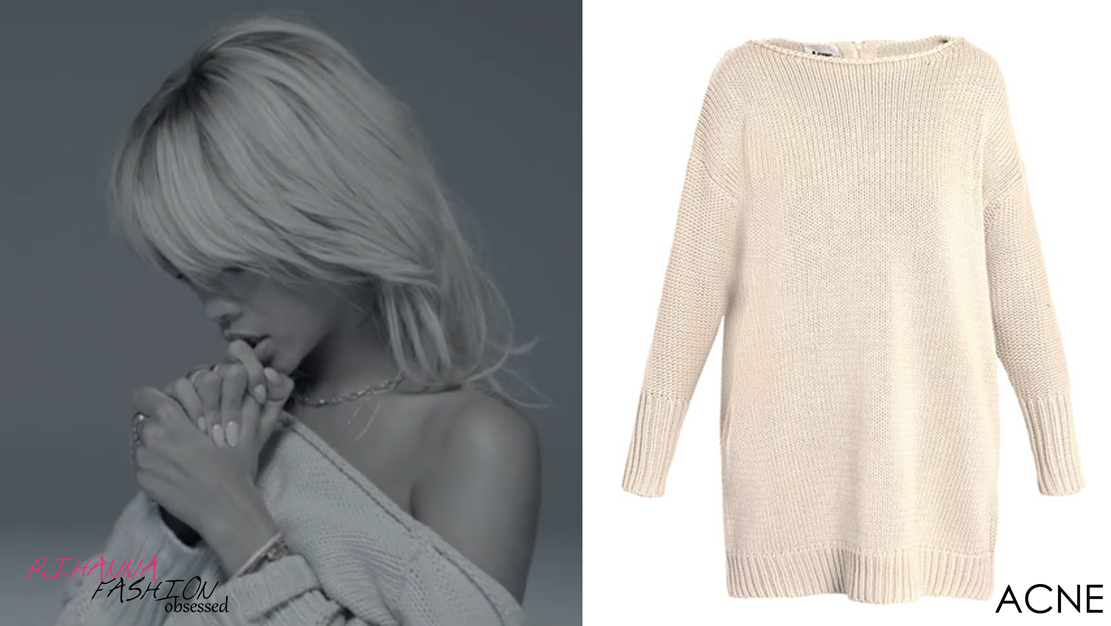 Update: Rihanna who looked stunning in Drakes video for take care in a oversized jumper by swedish designer Acne. You can grab yourself this for £220.00 ($341.00) from matches.com . She also wore a gold skull bangle by Alexander Mcqueen posted HERE