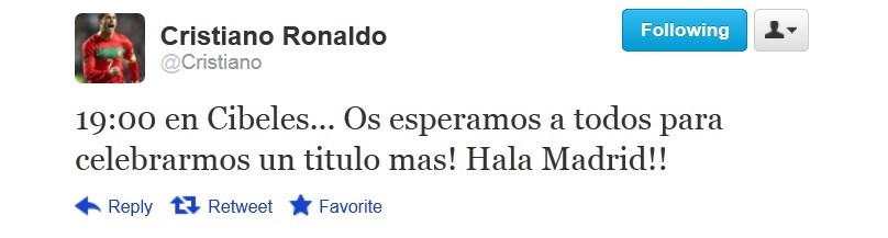 &#8220;19:00 at Cibeles &#8230; We are expecting you all to celebrate one more title together. Hala Madrid!!&#8221;
I wish I could be there &#8230;