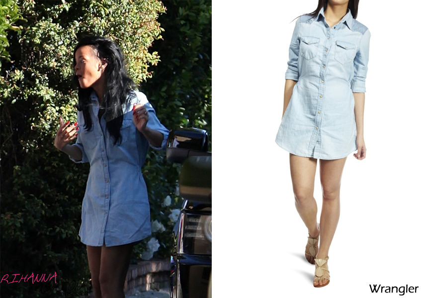 Rihanna seen arriving at a  friends house in LA, last month. In a denim Wrangler Lila shirt dress, she also wore a pair of Air Jordans.