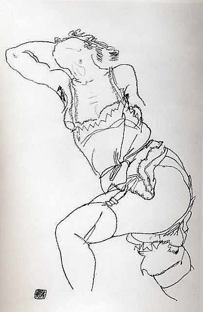 Reclining Model in Chemise and Stockings
Egon Schiele  (Austrian, Tulln 1890–1918 Vienna)
Date: 1917
Medium: Charcoal on paper
Dimensions: H. 18-1/4, W. 11-3/4 inches (46.4 x 29.8 cm.)