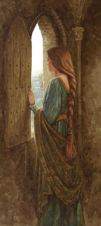 What lovely singing,Muffled and afar, becameA baby crying.For but an instant,Thick walls glued with books played outTheir dark melody.
—okeiImage: &#8216;Eithlinn in the tower&#8217; by P. J. Lynch