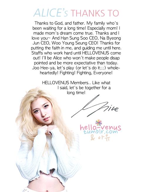 


Alice’s ‘Thanks To’ message from the Hello Venus album.(Translated by Ayu)


