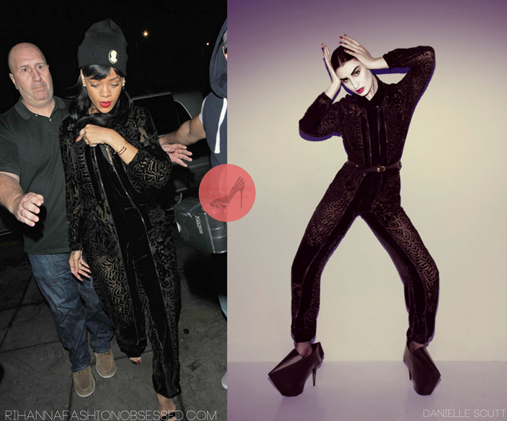Rihanna at arriving Boujis Nightclub in London after her guest appearance at Jay Z and Kanye&#8217;s watch the throne tour performing &#8216;all of the lights&#8217; and &#8216;run this town&#8217;. Spotted wearing a silver spoon attire beanie hat with a cameo, their site is currently down but you can visit their tumblr HERE. She was also spotted wearing a Danielle Scutt lace and velvet jumpsuit and completed her look with a pair of Manolo Blahnik sandals. During her performance she also wore a Mark Fast bralette which you can get HERE
Photo credit: http://tumblr.oystermag.com/