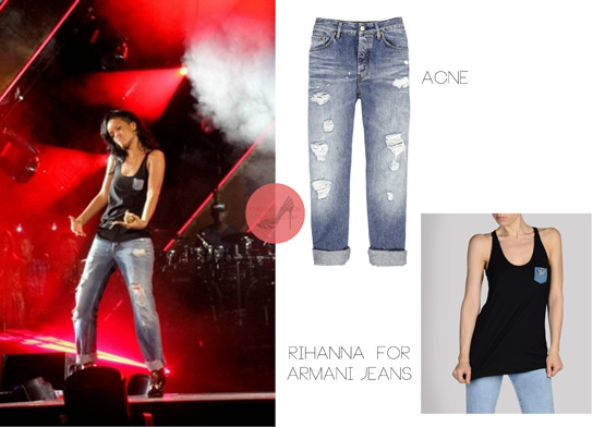 Rihanna shared a few images behind the scenes of her rehearsing for the Robin Hood foundation charity benefit event. She was spotted wearing one of her own collection from the Armani jeans capsule collection, available from armani.com prices varies depending where you&#8217;re from. She also wore a pair of Acne distressed jeans which she has worn numerous of times.