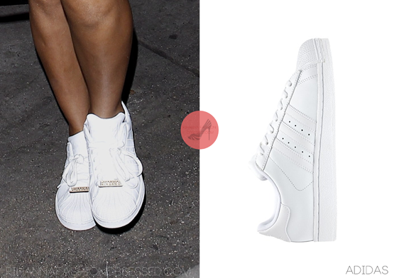 Rihanna was spotted with a pair of adidas superstar 2.0 shoes which she customized with a name plate of her name. You can get yourself a pair from adidas.com HERE or HERE