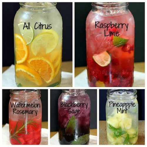 its-a-wonderland-tea-party:

Easy Fruit &amp; Herb Flavored Water
Ingredients

fruit — 2 cups berries, citrus, melons, pineapple…most fruits will work (see recommended amounts in directions)
herbs — a sprig of mint, basil, sage, rosemary, tarragon, thyme, or lavender
water (tap or filtered)
ice

Directions
Supplies needed: 2 quart pitcher or jar with lid; muddler or wooden spoonGeneral formula for whatever fruit/herb combo you desire.1. If using herbs, add a sprig of fresh herbs to jar/pitcher; press and twist with muddler or handle of wooden spoon to bruise leaves and release flavor; don’t pulverize the herbs into bits.2. Add approx. 2 cups of fruit to jar/pitcher; press and twist with muddler or handle of wooden spoon, just enough to release some of the juices3. Fill jar/pitcher with ice cubes.4. Add water to top of jar/pitcher.5. Cover and refrigerate for up to 3 days.Suggested flavor combinations:ALL CITRUS (no herbs) — Slice 1 orange, 1 lime, 1 lemon into rounds, then cut the rounds in half. Add to jar and proceed with muddling, add ice &amp; water.RASPBERRY LIME (no herbs) — Quarter 2 limes; with your hands, squeeze the juice into the jar, then throw in the squeezed lime quarters. Add 2 cups raspberries. Muddle, add ice &amp; water.PINEAPPLE MINT — Add a sprig of mint to the jar (you can throw in the whole sprig; or, remove the leaves from the sprig, if you prefer to have the mint swimming around and distributing in the jar). Muddle the mint. Add 2 cups pineapple pieces, muddle, add ice &amp; water.BLACKBERRY SAGE — Add sage sprig to jar and muddle. Add 2 cups blackberries; muddle, add ice &amp; water.WATERMELON ROSEMARY — Add rosemary sprig to jar &amp; muddle. Add 2 cups watermelon cubes; muddle, add ice and water.
