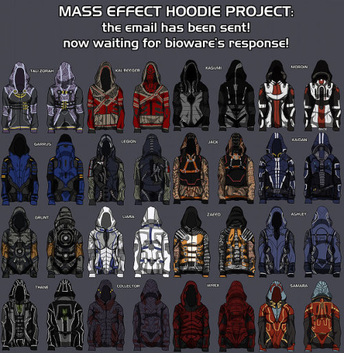 Samara Just Got Real
Remember those amazing Mass Effect hoodies designed by a fan that spread all over the Internet a couple months ago? Well, Bioware has confirmed that they will be moving forward with these hoodie designs with some modifications. I&#8217;ll keep you posted when more details are available but it&#8217;s truly amazing to see a fan idea become reality. 
Mass Effect Hoodies Concept by Christine Schotty
(via FashionablyGeek)
