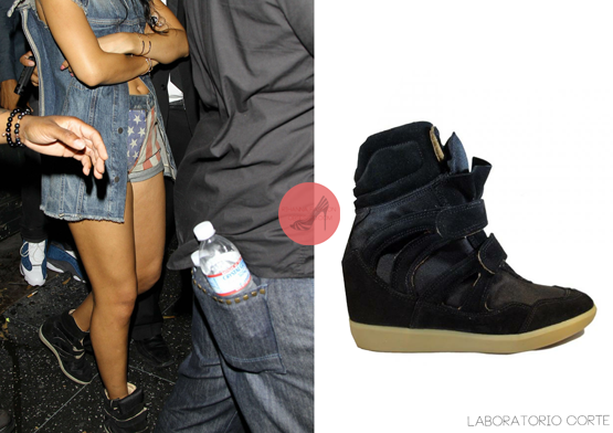 CORRECTION: Rihanna wore a pair of wedge velcro shoes by Italian brand laboratorio corte not Isabel Marant. :)