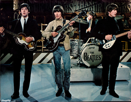 Thank Your Lucky Stars dress rehearsal, taped at Alpha TV Studios, Birmingham, taped 28 March 1965. Scan from 16 Scoop: Beatles Complete Story from Birth to Now (1965).