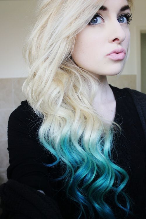 Hair Girl Blonde Curls Blue Long Dip Dye Blonde Hair Blue Hair