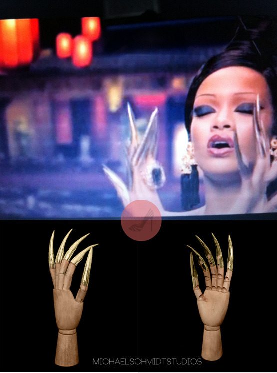 Rihanna featured in Coldplay&#8217;s samurai themed music video for &#8216;Princess Of China&#8217; seen wearing elongated nails (Microsmithed finger establishments) custom made by Michael Schmidt , who has worked with Rihanna herself on a few outfits before. 

Click HERE to view more info on outfits Rihanna wore 