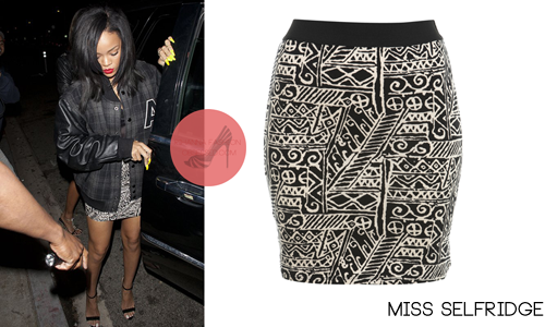 Rihanna partied at Greystone Manor  wearing her A.P.C x Carhartt bomber jacket, a sheer shirt and a black and white mini skirt from Miss Selfridge. The monochrome bodycon skirt costs just $32 and it&#8217;s almost sold.
