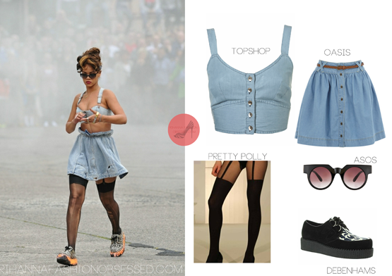 Rihanna during the set of &#8216;We Found Love&#8217; directed by Melina Matsoukas and styled by Mel Ottenberg. Seen wearing Jeremy scott denim bra and skirt from his spring 2012 collection, worn with a pair of Underground dalmation print creepers and a pair of retro super future sunglasses.
Get the inspired look:
1. Denim soft bralet - Topshop $48.00 (£24.00)
2. Button through denim skirt- Oasis £45.00 
3. pretty poll suspender tights - tightsplease.co.uk £10.48 ($16.11)
5. Flat top round sunglasses - Asos.com £15.00
6. Multicoloured dalmation print classic creepers - debenhams.com  £35.00 ($54.00)