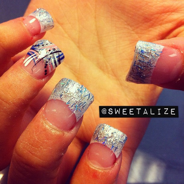 Extreme wide white tip acrylic nails (fresh set) with glitter and abstract