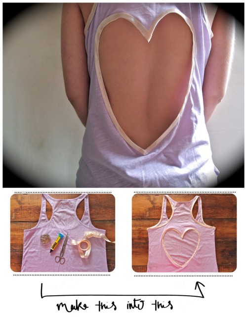 DIY No Sew Racer Back Tee with a Heart Tutorial. I&#8217;d make this into some sort of beach coverup because I like to wear a bra. TMI? Easy tutorial by Clones &#8216;N&#8217; Clowns here. *For anyone who wants to make a sewed sweetheart back I posted a tutorial for that here.