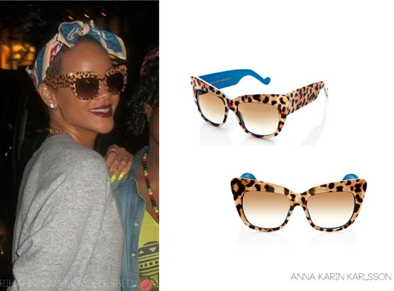 Rihanna spotted in NYC with a few fans accessorising with one of her favourite patterns &#8216;leopard print&#8217; . She wore a pair of Anna Karin Karlsson  &#8216;Alice goes to Cannes&#8217; over-sized sunglasses. They are currently out of stock but you can secure an order by the end of June when they are available again. Price for SEK 4,5000 which is $630.00.
She also wore the same brand (Kitten noir) back in London HERE