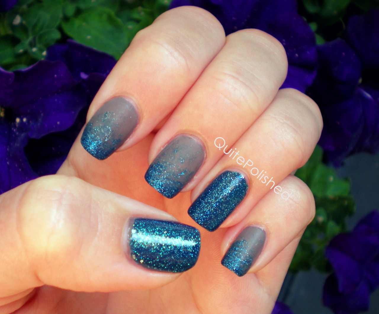 There is one coat on my thumb and ring finger over two coats of Zoya Petra,