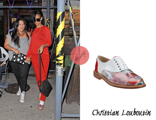 Rihanna was seen with her personal assistant, Jennifer Rosales, leaving Da Silvano restaurant in New York City carrying a standby Céline Nano bag and $895 Christian Louboutin Havana Woman Trash Oxfords.