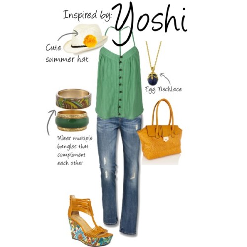 Yoshi (Mario Games) by ladysnip3r featuring floral jewelry This outfit is inspired by Yoshi of the Mario games. I chose to use his palette of green and yellow, adding in some contrast with a blue necklace and patterned shoes. I wanted to do something summer-y and casual, because that’s what Mario games are to me. I chose a necklace that is shaped like an egg to reflect Yoshi’s uh, weapon (I’m sure that isn’t the best word for it). (Reference Image) T Bags sleeveless cotton shirt, $79Bright jeans, €90Nine west wedge, $89Warehouse oversized handbag, $32Brown jewelry, $32Forever 21 wood bangle, $5.801928 gold necklace, $25Pieces floral jewelry, $122b fedora hat, $13 