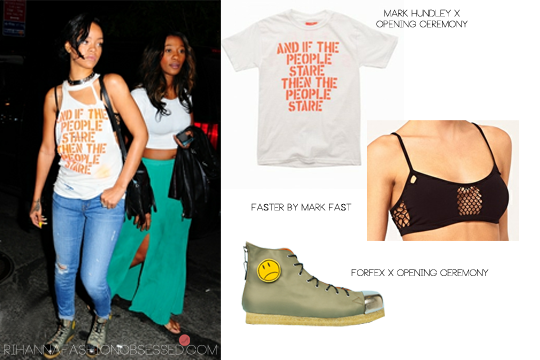 Rihanna spotted out with her bff expressing herself wearing New York based artist Marc Hundley&#8217;s for opening ceremony lyric tee (well most of it) the top shows lyrics by The Smith&#8217;s &#8216;hand in glove&#8217; currently out of stock but you can view his other shirts HERE. Underneath that she wore a Mark Fast reptile mesh bra which he comfirmed himself available from ASOS.com for £76.00&#160;(also comes in sorbet orange). She&#8217;s also spotted wearing Italian brand Forfex for Opening ceremony shoes, same brand she&#8217;s worn during her we found love music video these shoes comes with different velcro badges to customise. 