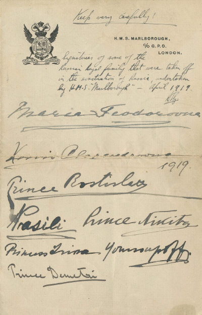 A good, rare group of thirteen signatures by various members of the Russian Royal family on two sides of an 8vo sheet of printed stationery from H.M.S. Marlborough. Included are Maria Feodorovna (1847-1928, Empress Consort of Russia, mother of Tsar Nicholas II), Grand Duchess Xenia Alexandrovna (1875-1960, Sister of Tsar Nicholas II) and her sons Prince Rostislav Alexandrovich (1902-1978) Prince Vasili Alexandrovich (1907-1989) Prince Nikita Alexandrovich (1900-1974) and Prince Dmitri Alexandrovich (1901-1980), all nephews of Tsar Nicholas II, as well as her only daughter Princess Irina Alexandrovich (1895-1970), niece of Tsar Nicholas II and wife of Prince Felix Youssoupoff, also Prince Dmitri Orbeliani, Prince Sergei Obolensky (1890-1978), Prince Wiasemsky, Princess Nadejda Petrovna (1898-1988, signed as Princess Orloff) and Prince Felix Youssoupoff (1887-1967) who participated in the murder of Grigori Rasputin. At the head of the page appears an A.N.S., with initials, by an unidentified individual, although evidently the collector of the signatures, &#8216;Keep very carefully! Signatures of some of the Russian Royal family that were taken off in the evacuation of Russia, undertaken by H.M.S. &#8220;Marlborough&#8221; - April 1919&#8217;. With integral leaf bearing several ink annotations in an unidentified hand. Some light overall age wear, otherwise VGThe rare grouping of signatures were all obtained on board H.M.S. Marlborough after the British battleship (along with H.M.S. Nelson) had been sent by King George V of Great Britain to Yalta in the Crimea in order to rescue the Romanovs. While on the ship, Prince Felix Youssoupoff enjoyed boasting about the murder of Rasputin. 