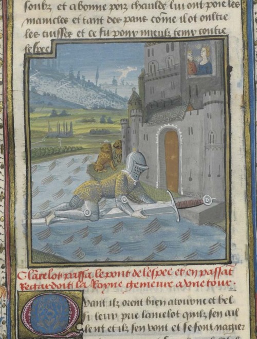 demonagerie: Национальная библиотека Франции, 115 Français, ф.  367v (Lancelot пересечения меч моста).  Ланселот дю Лак.  Франция, c.1470.