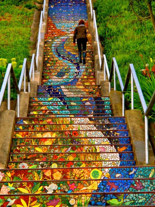 Fantastic and One of a Kind Mosaic Staircase in San Francisco

The 16th Avenue Tiled Steps project has been a neighborhood effort to create a beautiful mosaic running up the risers of the 163 steps located at 16th and Moraga in San Francisco. The project, led by artists Aileen Barr and Colette Crutcher, was completed on August 18, 2004 with the help of over 300 neighbors, and over 220 neighbors who sponsored handmade animal, bird and fish name tiles. The result is fantastic, do you agree?

