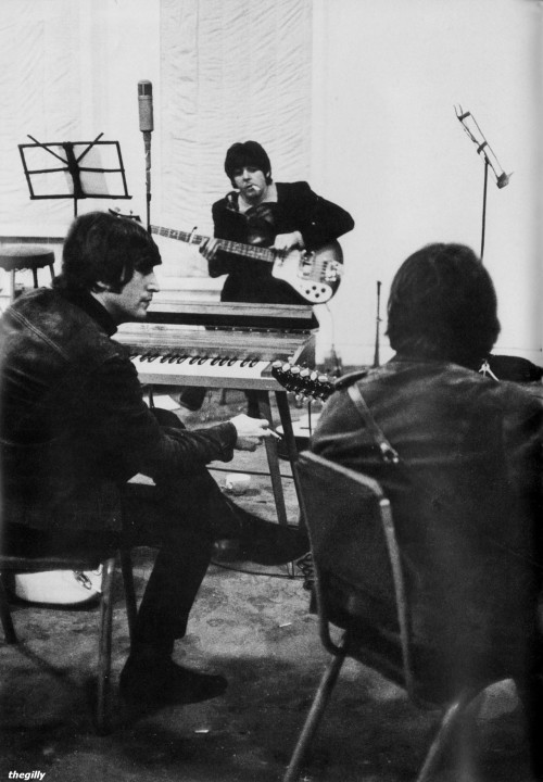 thegilly:

John, Paul and George at EMI Studios during the Rubber Soul sessions, 1965. Scan from Beatles Book Monthly No. 312.
