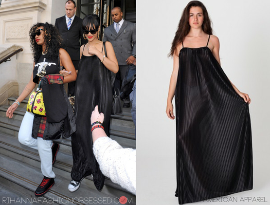 Rihanna spotted leaving her London hotel today wearing a Accordion pleat trapeze maxi dress available from American Apparel for $68.00 worn with pair of Chuck Taylor all star converse, which she has been seen in quite a lot lately along with her favourite Celine nano handbag.