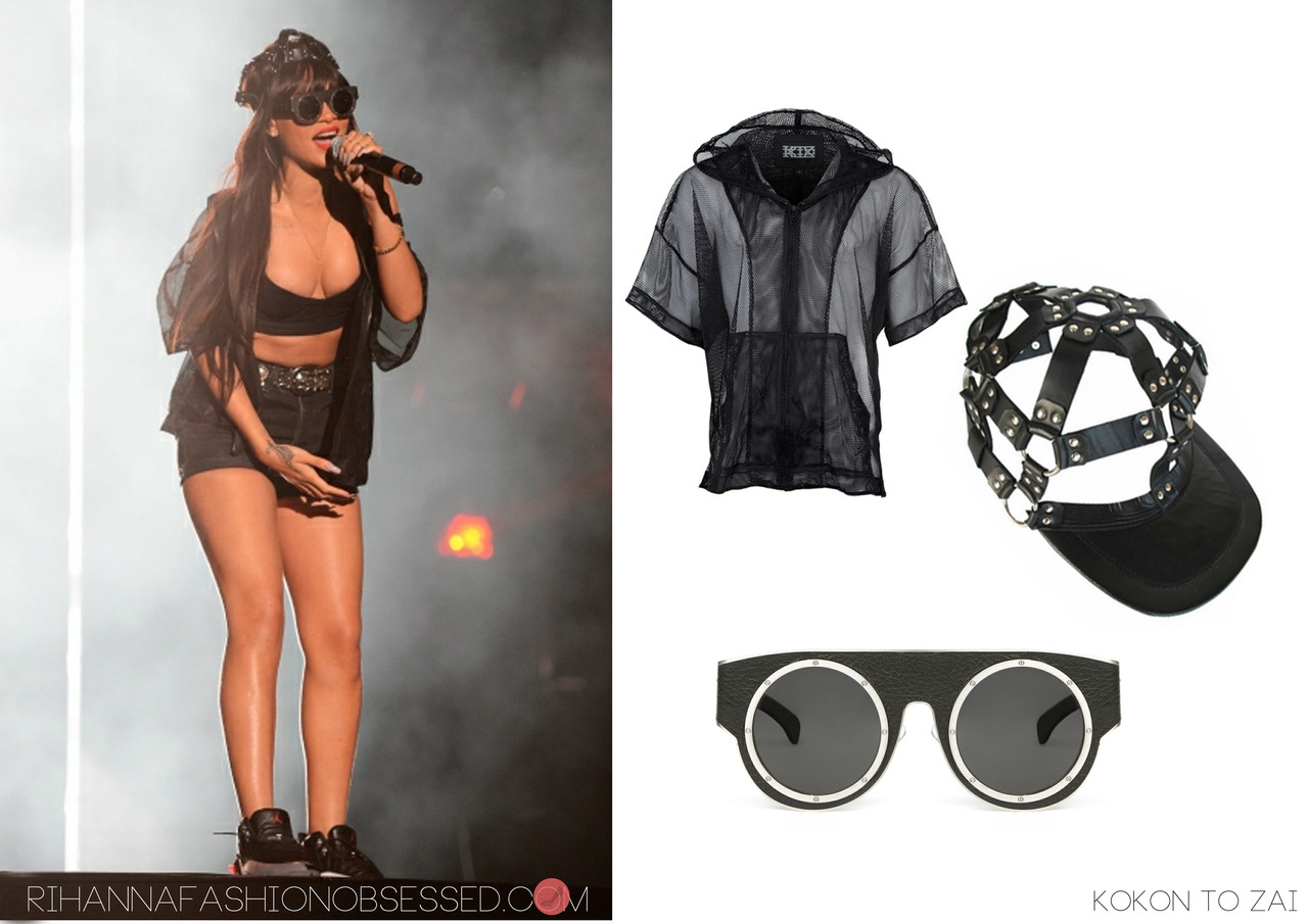 Hackney weekend festival day 1: Rihanna made a guest appearance Saturday night joining Jay Z on stage performing &#8220;Run This Town&#8221; wearing a pair of KTZ&#8217;s   Linda Farrowsunglasses which is available online from Opening Ceremony for $390.00.
Rihanna was also wearing KTZ&#8217;s  leather harness cap and men&#8217;s mesh hoodie from SS 2012 collection, while her bra was designed by Adam Selman, her shoes are Nike Air Jordans &amp; Versace was her belt that she wore over her Levi vintage shorts.