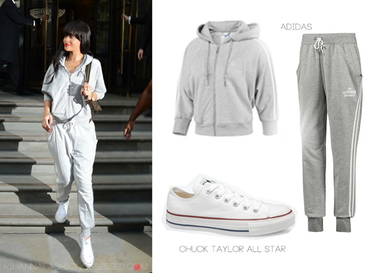 Rihanna spotted leaving her London hotel looking casual in a Adidas original crop zip hoodie $60.00 and a pair of collegiate tracksuit pants $48.00. She completed her look with a pair of Chuck Taylor all star converse and a Fendi backpack