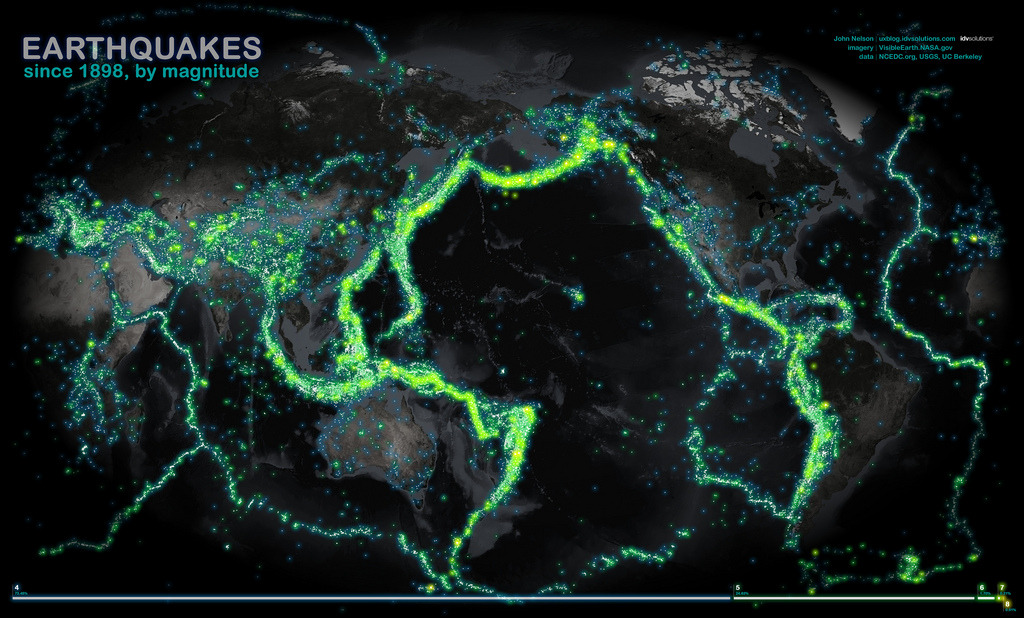 decaturjim:  All earthquakes since 1898 Need a reminder of the relationship between earthquakes and plate tectonics? Look no further than this map of the world’s earthquakes since 1898, providing a beautiful glowing outline of Earth’s tectonic boundaries. Created by data visualisation company IDV Solutions, this map highlights all 203,186 earthquakes that have occurred, of magnitude 4.0 or greater.  Ring of Fire, anyone?