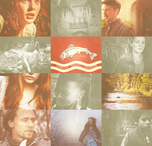 stonehearting:  The southern rain was soft and warm. Catelyn liked the feel of it on her face, gentle as a mother’s kisses. It took her back to her childhood, to long grey days at Riverrun. She remembered the godswood, drooping branches heavy with moisture, and the sound of her brother’s laughter as he chased her through piles of damp leaves. She remembered making mud pies with Lysa, the weight of them, the mud slick and brown between her fingers. They had served them to Littlefinger, giggling, and he’d eaten so much mud he was sick for a week. How young they all had been. 