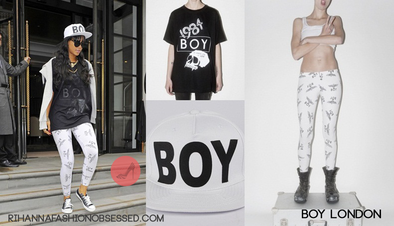 Rihanna was seen leaving her hotel in London, England, wearing Boy London as she walked to her car service to catch a flight. With her look, Rihanna wore   £40.00&#160;(sold out) white Boy London “Boy” Leggings, a  £35.00&#160;(sold out) Boy &#8220;1984&#8221; t-shirt and placed a white £30.00 Boy cap over her dark jet black hair to complete her look.

Also if you live in the UK Selfridges sell BOY London&#8217;s collection. And online HERE