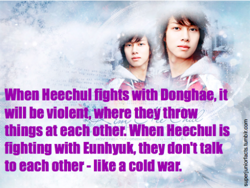 When Heechul fights with Donghae, it will be violent, where they throw things at each other. When Heechul is fighting with Eunhyuk, they don&#8217;t talk to each other - like a cold war.