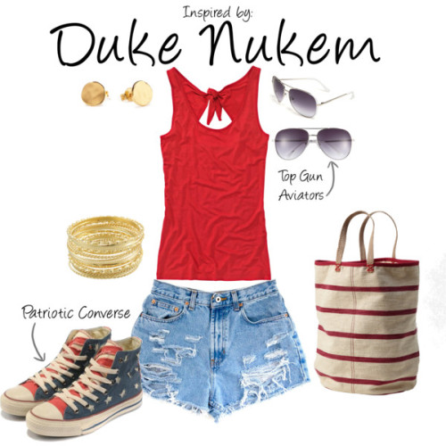 Duke Nukem by ladysnip3r featuring bangle jewelry This outfit is the first of our Fourth of July outfits! We&#8217;ll have a guy outfit later this evening inspired by another proud American character. I chose a red shirt and paired it with ripped denim shorts for a cute summer look. I also chose some patriotic converse sneakers and a red and white striped bag to add a little extra to the &#8220;American&#8221; flair. When doing bold accessories like this, it&#8217;s best to keep it to a minimum so the outfit doesn&#8217;t end up looking too theme-y. Finally, I added gold accessories to dress up the outfit a little bit. (Reference Image) Top, $37 / Vintage shorts / Levi Strauss &amp; Co printed canvas tote bag / Miso bangle jewelry, $7.83 / Gorjana 18k jewelry / MICHAEL Michael Kors metal sunglasses 