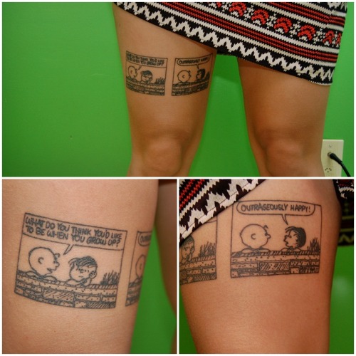 fuckyeahtattoos:

Second tattoo, Evan from About Time in Nashua, New Hampshire, did this for me. I’ve always searched for happiness in my life, in whatever form it may come in, and I’ve also always been a huge Charlie Brown fan. When looking through one of my 1950’s Charlie Brown comic books, I stumbled across this, and knew I had to have it.
