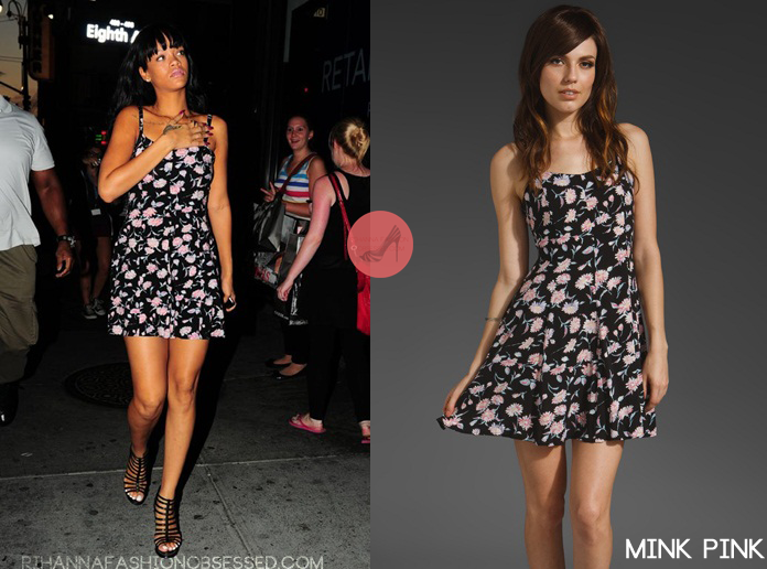 Rihanna was spotted out and about in New York wearing a floral daze dress by Mink Pink. The printed tank dress has a sweetheart neckline, corset tie down back, adjustable straps, and a flared skirt which  can be purchased on either site with  Karmaloop, ASOS, or Revolve Clothing.