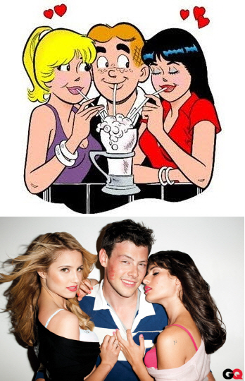 allcory:

Archie, pals to find ‘Glee’ in crossoverThe kids from Riverdale are no strangers to high school angst, worries about fitting in or music. Neither are the teens from “Glee.”Now, Archie, Betty, Veronica and resident boy genius Dilton Doiley will match wits — and maybe a vocal or two — with the likes of Finn Hudson, Kurt Hummel and Rachel Berry in the pages of “Archie Comics,” said Jon Goldwater, the co-chief executive officer.Goldwater unveiled the planned collaboration on Monday, ahead of Wednesday’s start of Comic-Con in San Diego.He said the crossover between the Fox show and the comic book is set for late this year or in early 2013, and is being written by Roberto Aguirre-Sacasa, one of the television show’s writers. It features multiple characters from the long-running comic book and the Fox show now in its third year. Dan Parent is illustrating the story.“I’ve become friendly with Roberto — he’s just a genius writer,” said Goldwater, who met the playwright last year at New York Comic Con when he stopped by Archie Comic Publications Inc.’s booth. “He and I were shooting the breeze.”That visit sparked a friendship and, ultimately, the idea for the crossover.“It turns out he’s been a fan of Archie for years. His most recent Halloween costume? He was dressed as Archie!” Goldwater said.For now, says Goldwater, the plot of the four-issue story arc in “Archie Comics” is a closely-held secret, but it does involve parallel dimensions, dancing and some serious singing, too.It’s also the latest step for the publisher, which has expanded its pop cultural offerings beyond just Jughead, Midge and Mr. Weatherbee.In the past two years, Archie Comics has brought in an openly-gay character, Kevin Keller; been visited by the band Kiss; and seen Archie marry Valerie, the bassist for Josie and the Pussycats, and have a daughter with her.“Those have reintroduced a lot of people back to ‘Archie,’” Goldwater said. “And it’s opened a whole new world of people coming to ‘Archie’ for the first time, too.”Goldwater said that in the course of his conversation with Aguirre-Sacasa it was evident both “Glee” and “Archie” had some common ground despite coming from decidedly different mediums, including a diverse array of characters, conditions and concerns.“‘Glee’ is courageous in their story lines and how they represent their characters, how they represent the high school situation,” he said, noting that it’s similar in the world of Archie, too.
SOURCE
NOTE: The pic is not from the article. I added in the graphic because I always thought the Cory/Lea/Dianna pic from GQ (if not the Finn/Rachel/Quinn dynamic  of Season 1) was a little similar to Archie/Veronica/Betty in terms of  looks. 
