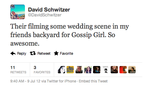 
Their filming some wedding scene in my friends backyard for Gossip Girl. So awesome. (July 9)

