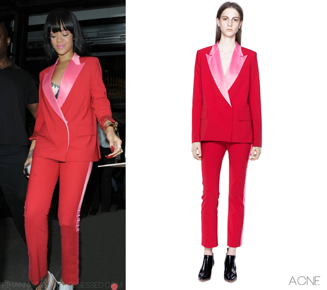 UPDATE: Rihanna in designer Acne Pre fall collection, she last month in London. The Tate tuxedo bright red suit will be available soon Online if anyone is interested in pre ordering, you can click HERE to view the collection.