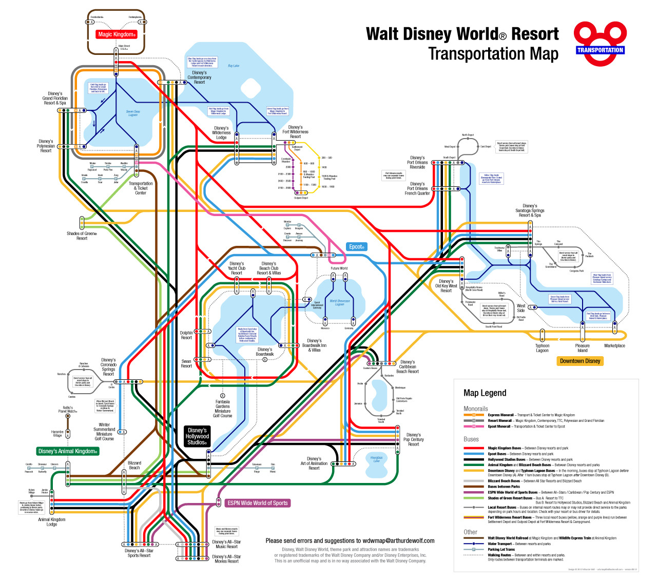 Unofficial Map: Transportation of Walt Disney World Resort, Florida
Here&#8217;s a seriously impressive piece of work by Arthur de Wolf that I came across while trawling Flickr. This map shows transportation options at the Walt Disney World Resort in Florida - monorail, bus, water transportation, parking lot trams, even walking routes between transportation hubs. Walt Disney World Resort is the size of a small city and has a transportation system that puts many of them to shame. Bringing order and sense to this system is no easy feat, and I think that Arthur has done a fantastic-looking job (although I can&#8217;t vouch for the accuracy of the map&#8217;s contents).
Have we been there? No. Maybe when my son is old enough to appreciate it.
What we like: Beautifully executed map that obviously has a lot of research and thought behind it (despite Arthur&#8217;s statements regarding potential errors). Takes a system that&#8217;s as complex as many large cities, and creates order and simplicity out of it. The Mickey Mouse/London Underground Roundel mashup in the top right corner is hilarious.
What we don&#8217;t like: Could use a little more visual differentiation between the monorail and bus services. The &#8220;M&#8221; at stations is a little hard to find when you&#8217;re first scanning the map. Map is maybe a little too sterile for what is an enormous theme park.
Our rating: Fantastic work that shows a complex system with remarkable clarity. Four-and-a-half-stars! Be sure to click through to the image on Flickr where you can view it large!

(Source: wolfstad/Flickr)
