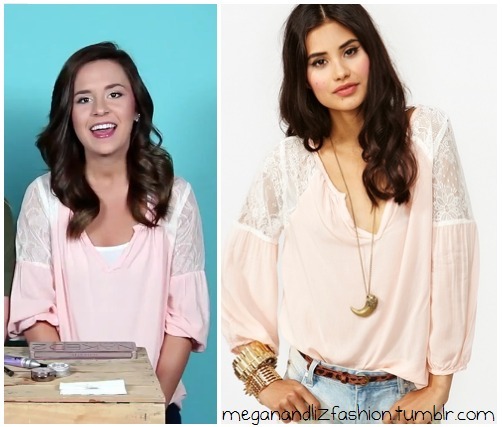 This is the cute pink top with lace sleeves Megan wears in their Eyeshadow Tutorial Video (watch it here)You can buy her top HERE for $48 from Nasty Gal