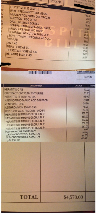 Invoice showing $4570.00 charge for hospital examination of rape victim