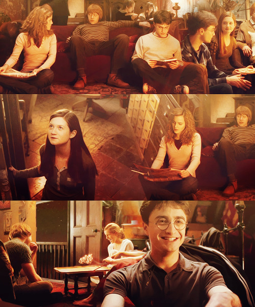 weaselette:

“You’d think people had better things to gossip about,” said Ginny as she sat on the common room floor, leaning against Harry’s legs and reading the Daily Prophet. “Three Dementor attacks in a week, and all Romilda Vane does is ask me if it’s true you’ve got a Hippogriff tattooed across your chest.” Ron and Hermione both roared with laughter. Harry ignored them. 
“What did you tell her?” 
“I told her it’s a Hungarian Horntail,” said Ginny, turning a page of the newspaper idly. “Much more macho.” 
“Thanks,” said Harry, grinning. “And what did you tell her Ron’s got?” 
“A Pygmy Puff, but I didn’t say where.” Ron scowled as Hermione rolled around laughing.
